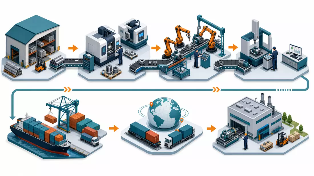 Isometrisches 3D-Diagramm der industriellen Wertschöpfungskette von Produktion bis Versand