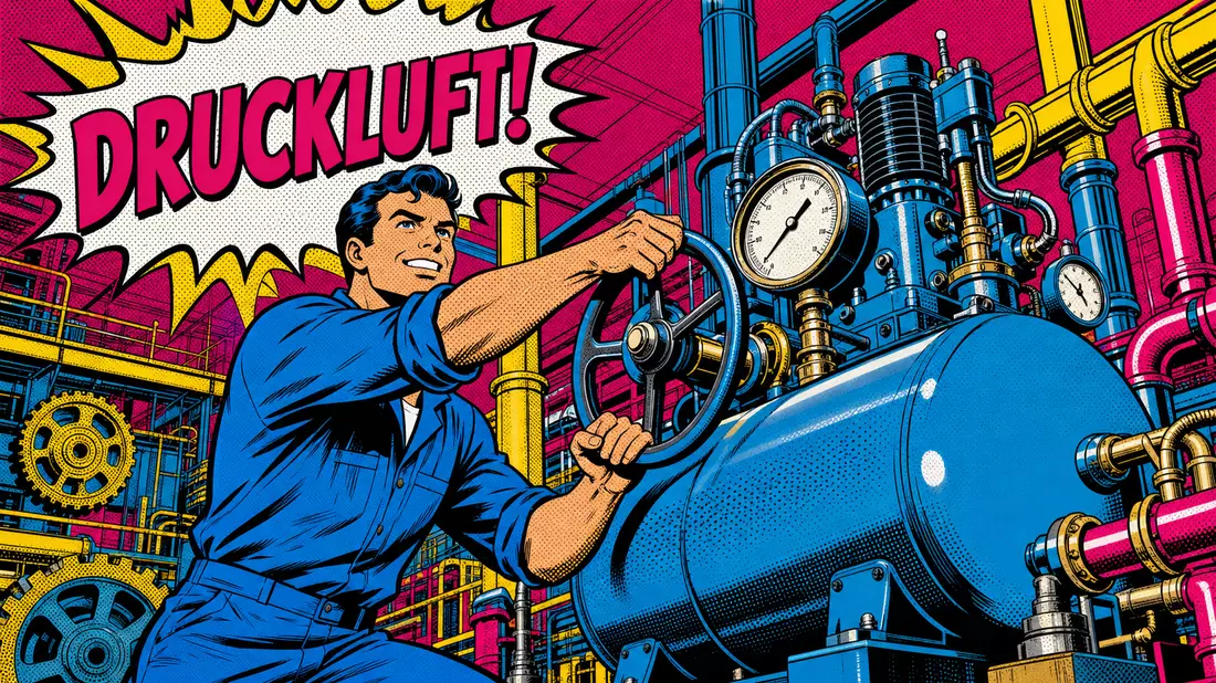Pop-Art-Comicszene mit Arbeiter an Druckluftkompressor in Cyan Magenta Gelb Rasterhalftone