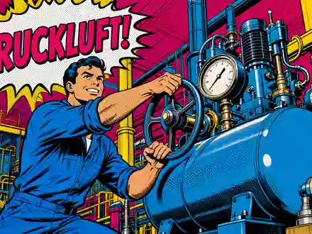 Ingersoll Rand US45687V1061 Pop Art Comic Szene Arbeiter bedient Druckluftkompressor in bunter Lichtenstein Manier Maschinenbau - Foto: THN
