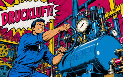 Ingersoll Rand US45687V1061 Pop Art Comic Szene Arbeiter bedient Druckluftkompressor in bunter Lichtenstein Manier Maschinenbau - Foto: THN