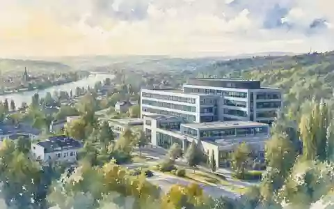 Indus Holding DE0006200108 als Aquarell-Illustration zeigt den Hauptsitz in Bergisch Gladbach mit Rheintallandschaft - Foto: THN