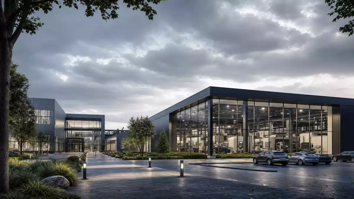 Architekturvisualisierung eines modernen Industrietechnologie-Campus mit Glas-Stahl-Produktionsgebäude