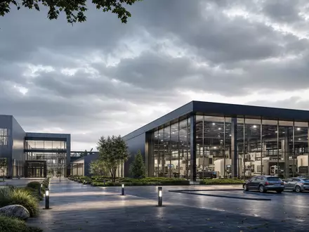 Indus Holding DE0006200108 Architektur-Render eines modernen Industrie-Campus mit elegantem Glas-Stahl-Fertigungsgebäude im Abendlicht - Foto: THN