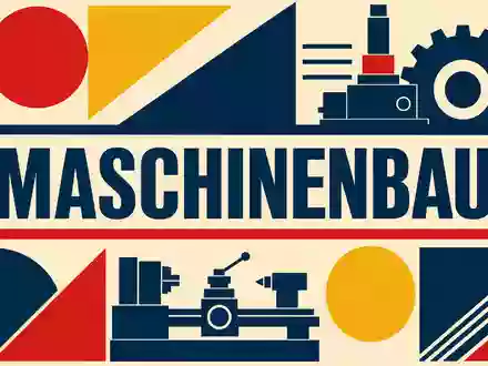 Indus Holding DE0006200108 als Bauhaus-Geometrik-Poster mit großem MASCHINENBAU-Schriftzug und konstruktivistischen Primärfarben auf Creme - Foto: THN