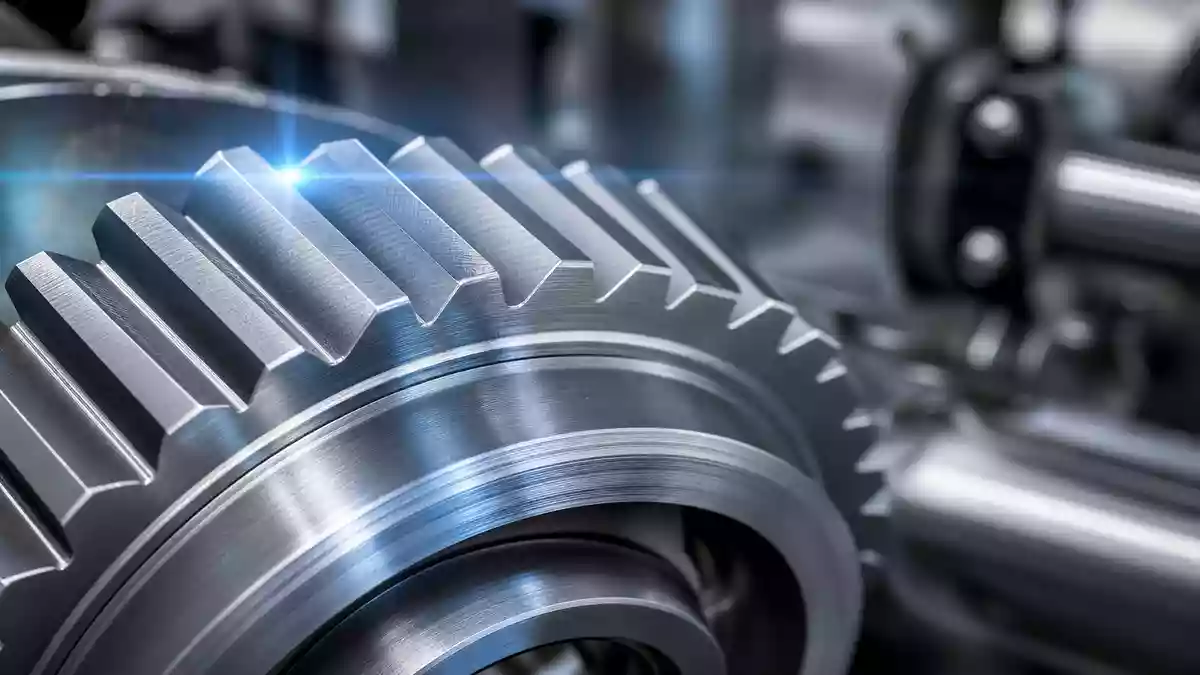 Extreme Makro-Nahaufnahme eines CNC-gefrästen Stahlzahnrads mit scharfen Zahnkanten