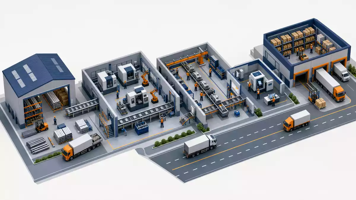 Isometrische 3D-Illustration der Fertigungskette von Rohmaterial bis Logistikversand