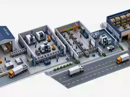 Indus Holding DE0006200108 als isometrisches 3D-Diagramm visualisiert die industrielle Wertschöpfungskette von Rohmaterial bis Versand - Foto: THN