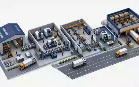 Indus Holding DE0006200108 als isometrisches 3D-Diagramm visualisiert die industrielle Wertschöpfungskette von Rohmaterial bis Versand - Foto: THN