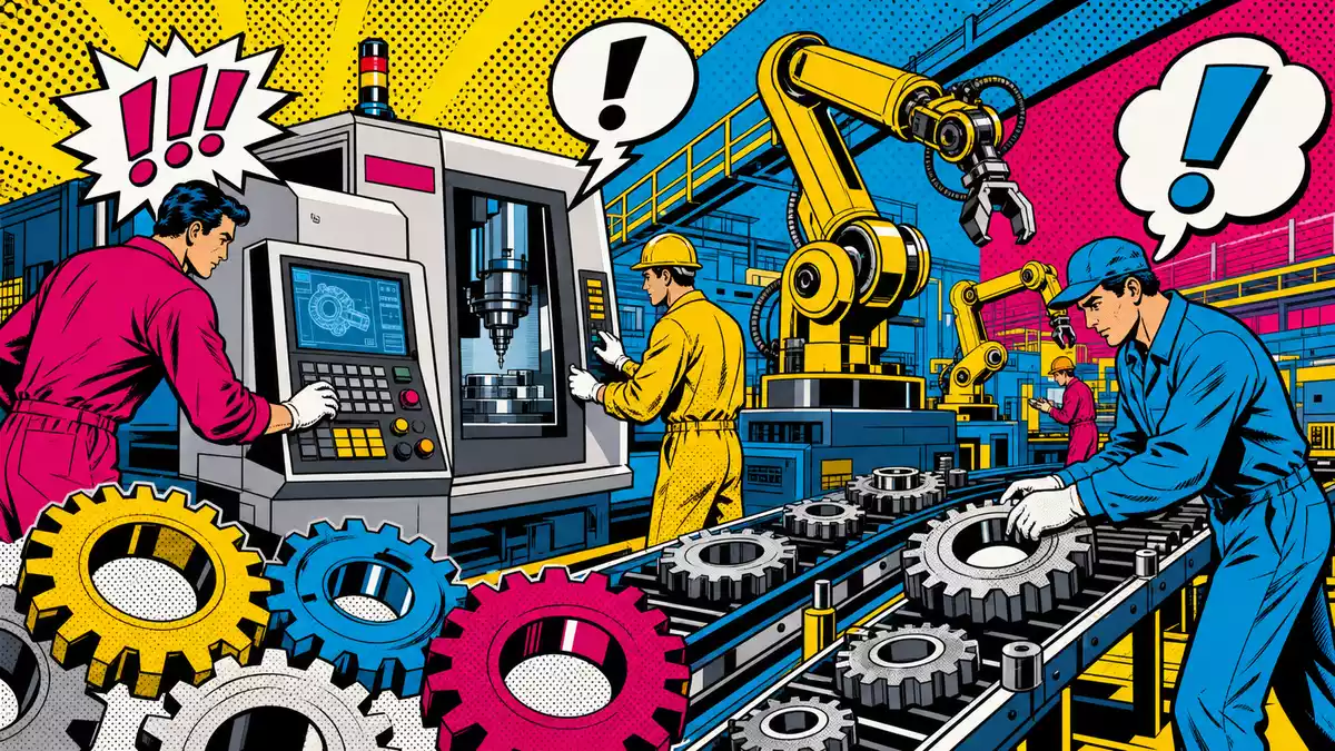 Pop-Art-Comic-Illustration einer Maschinenbau-Fabrik mit bunten Arbeitern und Robotern