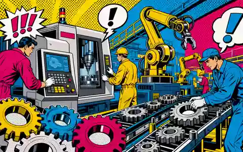 Indus Holding DE0006200108 Pop-Art-Comic zeigt bunte Maschinenbau-Fabrik mit stylisierten Arbeitern Robotern und Zahnrädern - Foto: THN