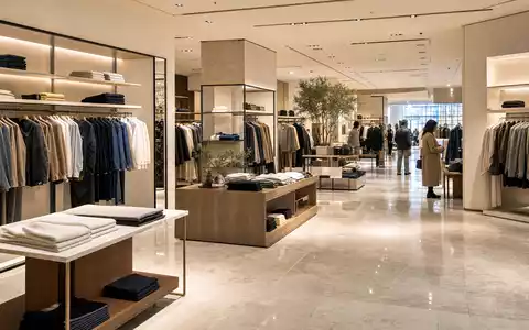 Inditex S.A. betreibt moderne Modekaufhäuser weltweit mit Kleiderstangen und Marmorböden, ISIN ES0148396007 - Foto: THN