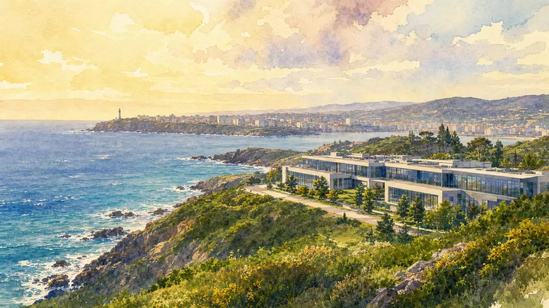 Aquarell der Küste von A Coruña mit modernem Unternehmensgebäude