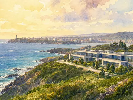 Inditex S.A. Hauptsitz A Coruña in Galicien als Aquarell mit atlantischer Küstenlandschaft, ISIN ES0148396007 - Foto: THN