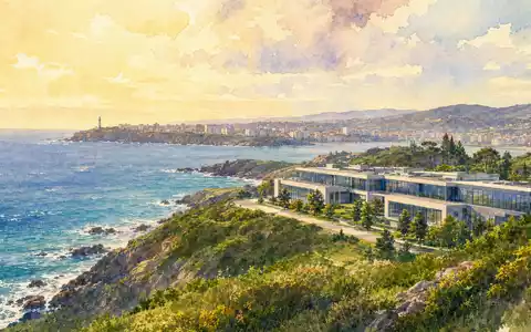 Inditex S.A. Hauptsitz A Coruña in Galicien als Aquarell mit atlantischer Küstenlandschaft, ISIN ES0148396007 - Foto: THN