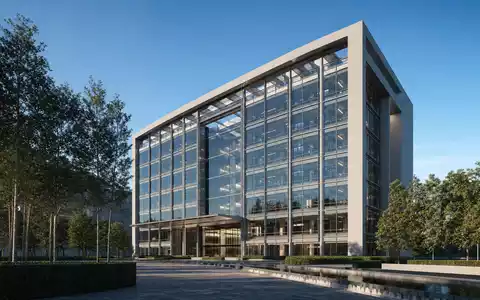 Inditex S.A. modernes Unternehmensgebäude als fotorealistischer Architektur-Render mit Glasfassade, Aktie ISIN ES0148396007 - Foto: THN