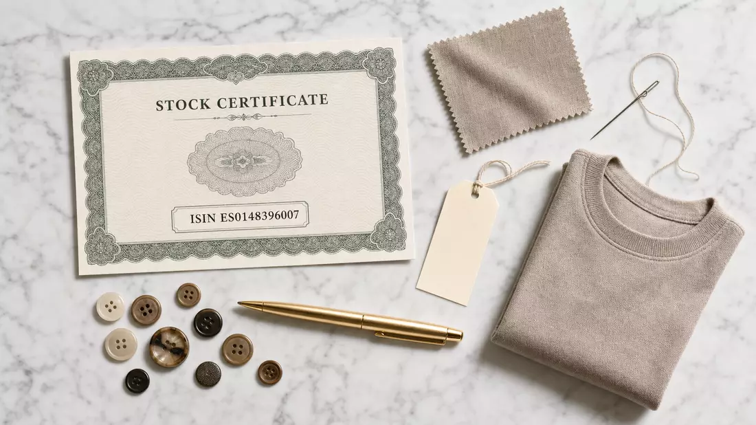 Flatlay mit Aktienzertifikat ES0148396007, Stoffmuster, Knöpfen und goldenem Stift