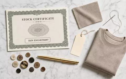 Inditex S.A. Flatlay mit Aktienzertifikat ISIN ES0148396007, Textilmuster, Knöpfen und goldenem Stift - Foto: THN