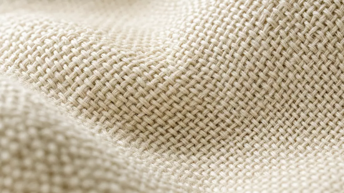 Extreme Makroaufnahme eines cremefarbenen Baumwollgewebes mit feiner Textur