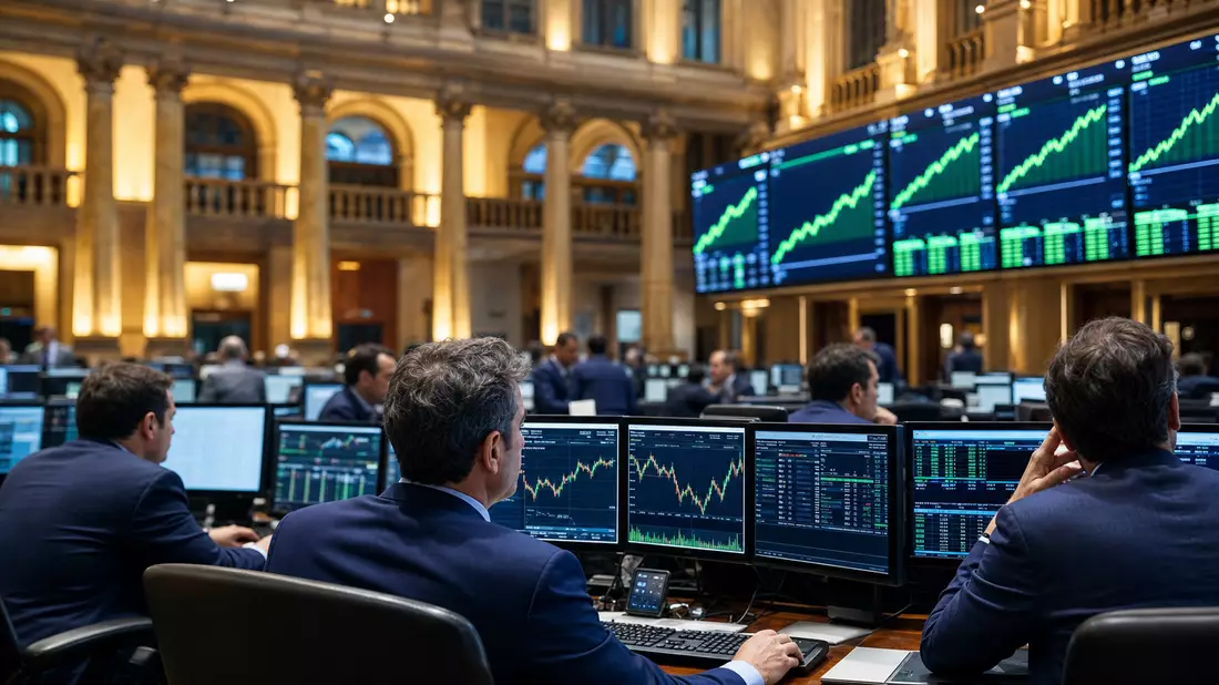 Börsensaal Madrid IBEX35 mit Händlern und grünen Kursdiagrammen