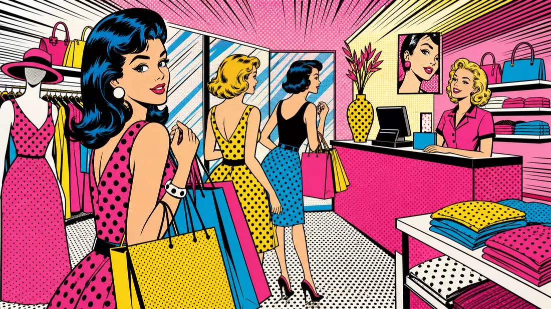 Pop-Art-Comic einer Modeboutique mit Shopperinnen in kräftigen Farben