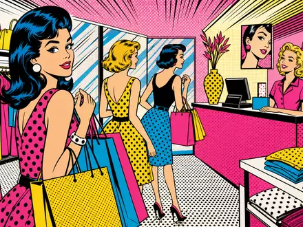 Inditex S.A. Modeboutique im Pop-Art-Stil als bunte Comic-Szene der Branche, ISIN ES0148396007 - Foto: THN