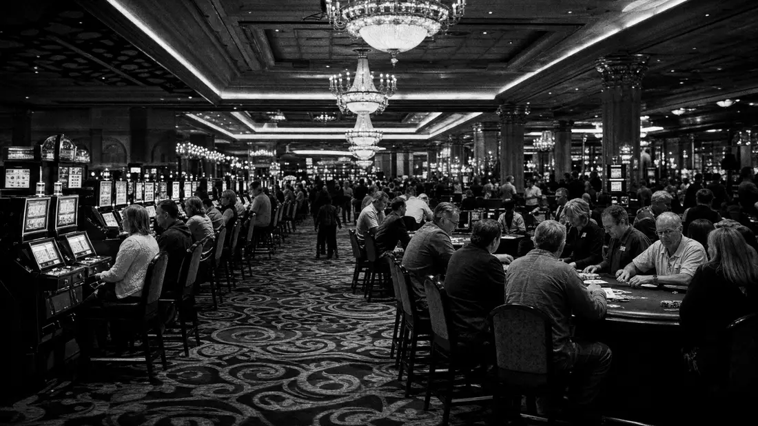 Schwarzweiß-Reportage eines belebten Casino-Spielsaals mit Kronleuchtern und Tischen