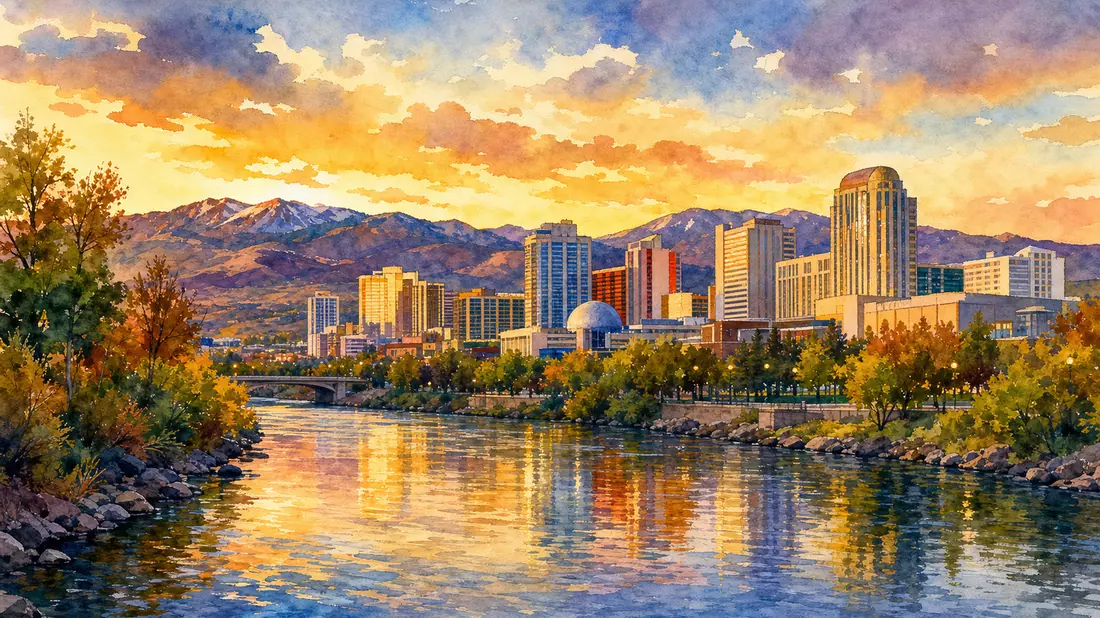 Aquarell-Panorama der Reno-Skyline mit Casino-Türmen am Truckee River bei Sonnenuntergang