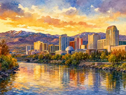 Caesars Entertainment Hauptsitz in Reno NV als Aquarell, ISIN US12738T1034 im Hospitality-Sektor - Foto: THN
