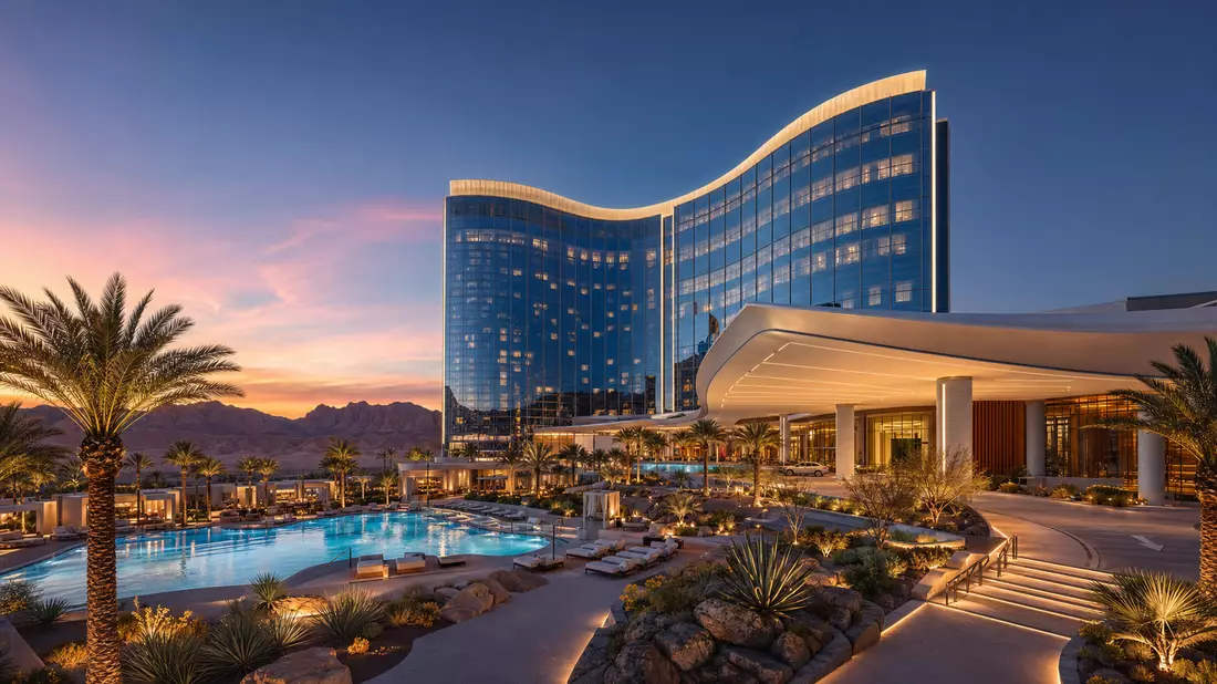 CGI-Architekturvisualisierung eines modernen Casino-Resort-Komplexes mit Glasturm und Pool