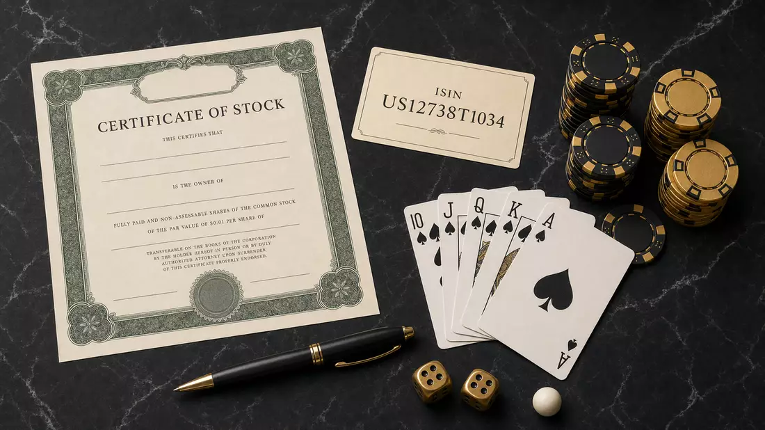 Flatlay mit Aktienzertifikat, ISIN-Karte US12738T1034, Pokerchips, Spielkarten und Würfeln