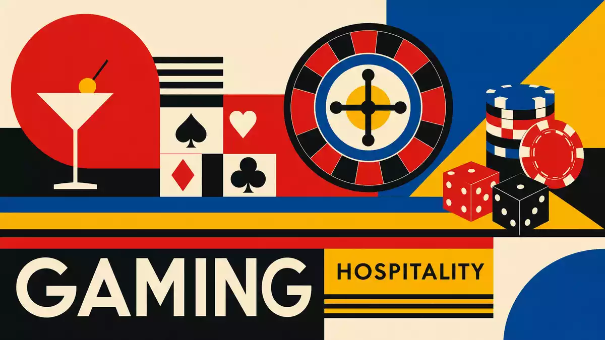 Bauhaus-Geometrieposter mit Rouletterad, Spielkarten und Sektortext GAMING HOSPITALITY