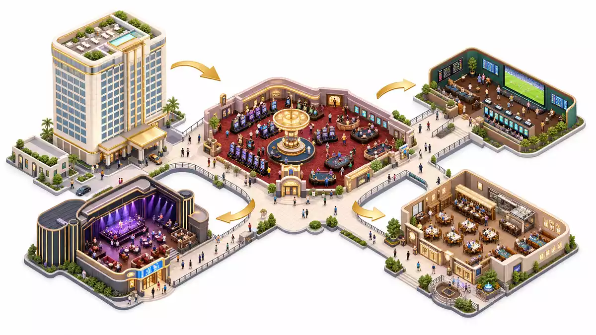 Isometrische 3D-Illustration einer Casino-Resort-Wertschöpfungskette mit Hotel, Spielhalle und Sportwetten