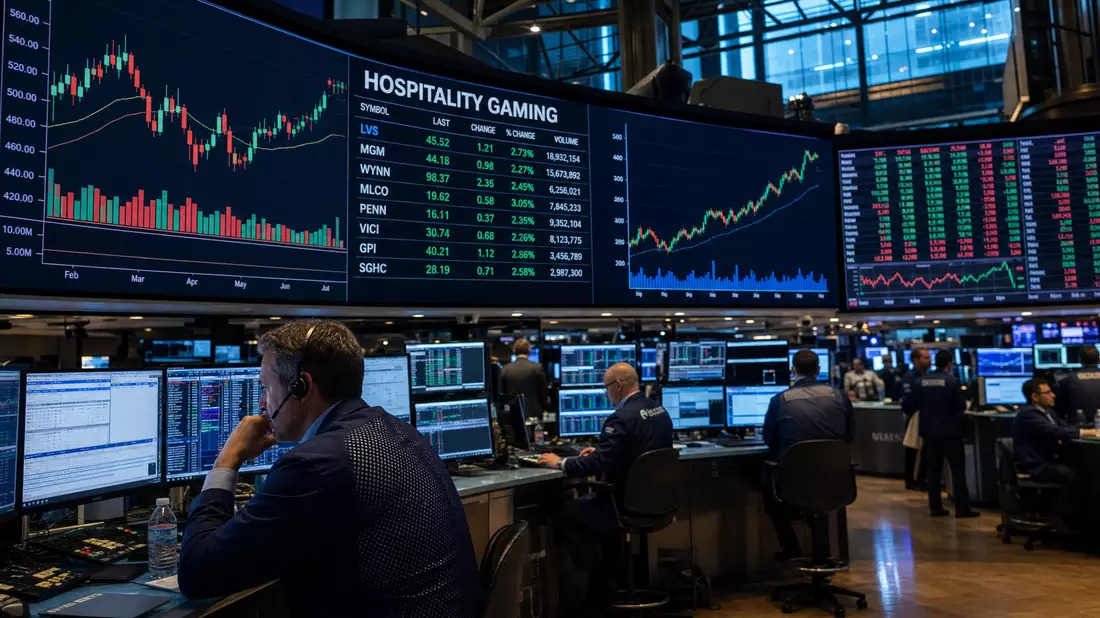 Börsen-Tradingfloor mit großen Monitoren und Kursdaten des Hospitality-Gaming-Sektors