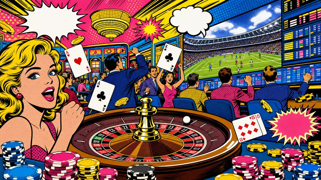Pop-Art-Comic mit Roulette, Spielkarten, Sportwetten-Screens und bunten Halbtonpunkten