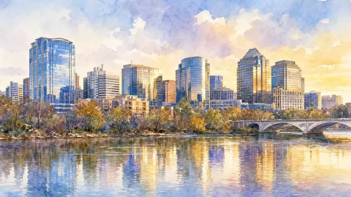 Aquarellmalerei der Virginia-Skyline mit Hochhäusern spiegelnd im Fluss bei Sonnenuntergang