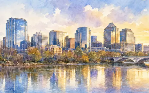 Capital One Financial Standort Virginia – Aquarell-Skyline am Fluss mit warmen Goldtönen, ISIN US1381731035 - Foto: THN