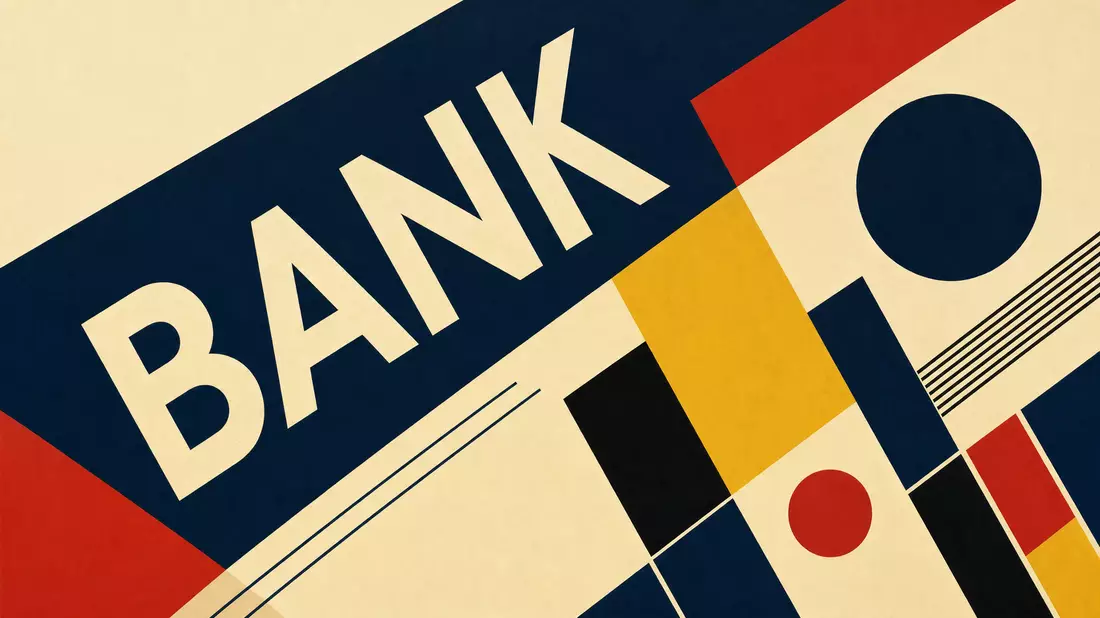 Bauhaus-Grafikposter mit dem Wort BANK in Großbuchstaben, geometrischen Formen in Marineblau und Rot