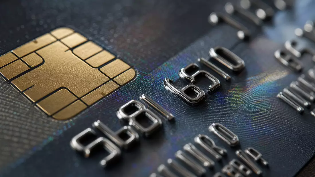 Extreme Nahaufnahme eines goldenen EMV-Chips auf holografischer Kreditkartenoberfläche mit Bokeh