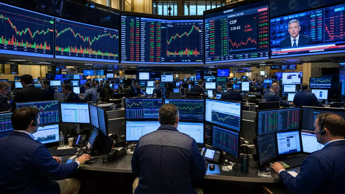 Geschäftiger NYSE-Börsenparkettboden mit Tradern an Monitoren und Banksektorkursen auf Großbildschirmen