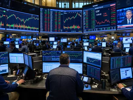 Capital One Financial NYSE-Handelssaal – Trader mit Banksektorkursen auf COF-Monitoren, ISIN US1381731035 - Foto: THN