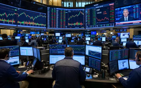 Capital One Financial NYSE-Handelssaal – Trader mit Banksektorkursen auf COF-Monitoren, ISIN US1381731035 - Foto: THN