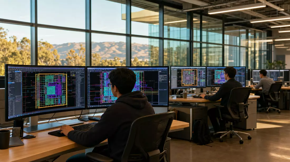 EDA-Chip-Design-Labor San Jose mit VLSI-Schemata auf Monitoren