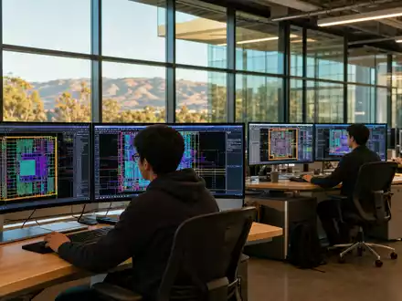 Cadence Design Systems EDA-Ingenieure in San Jose US12541W1027 arbeiten an Chip-Layouts auf großen Monitoren - Foto: THN
