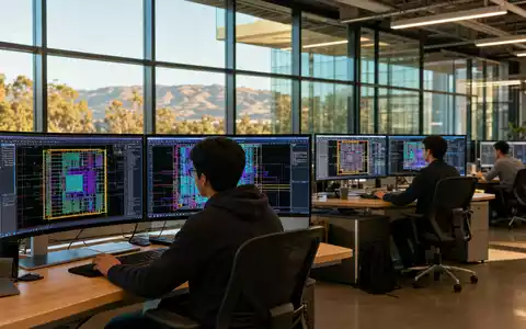 Cadence Design Systems EDA-Ingenieure in San Jose US12541W1027 arbeiten an Chip-Layouts auf großen Monitoren - Foto: THN