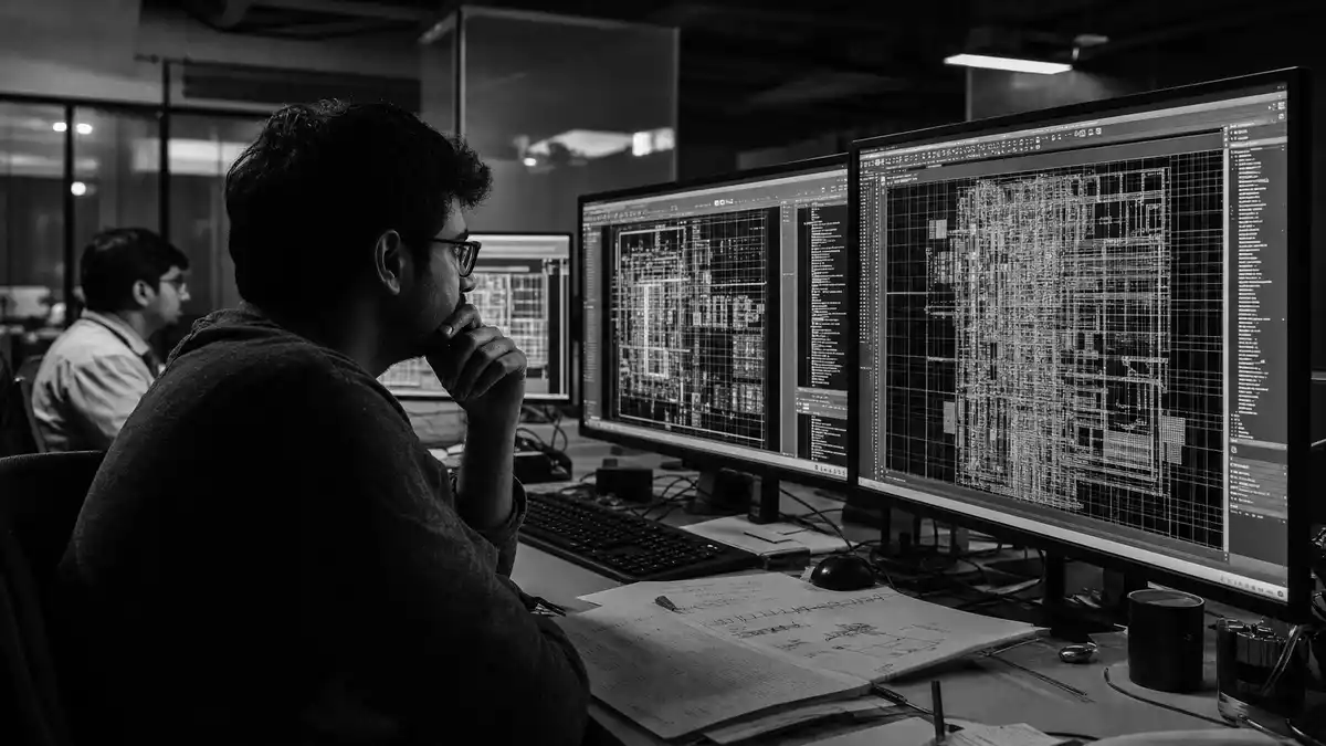 Schwarz-Weiß Doku: Ingenieure an EDA-Workstations mit IC-Layouts