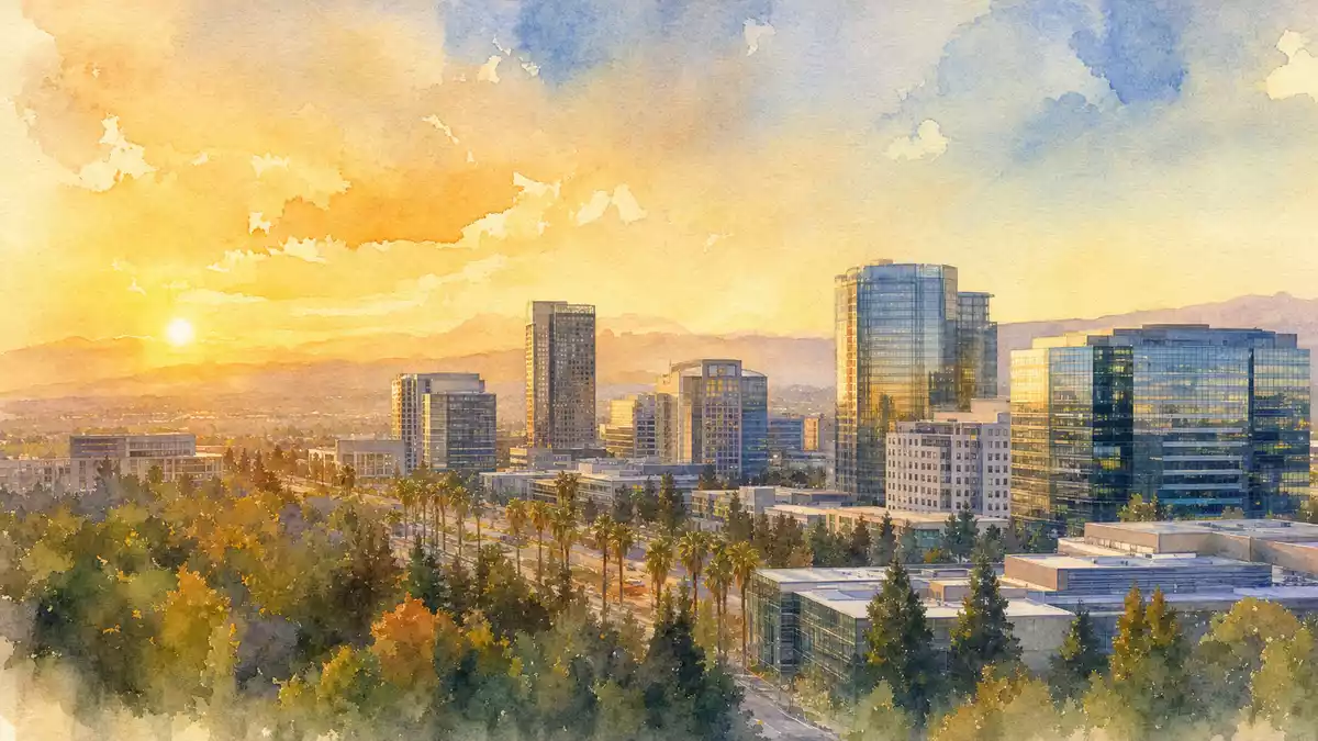 Aquarell San Jose Skyline im goldenen Abendlicht, Silicon Valley