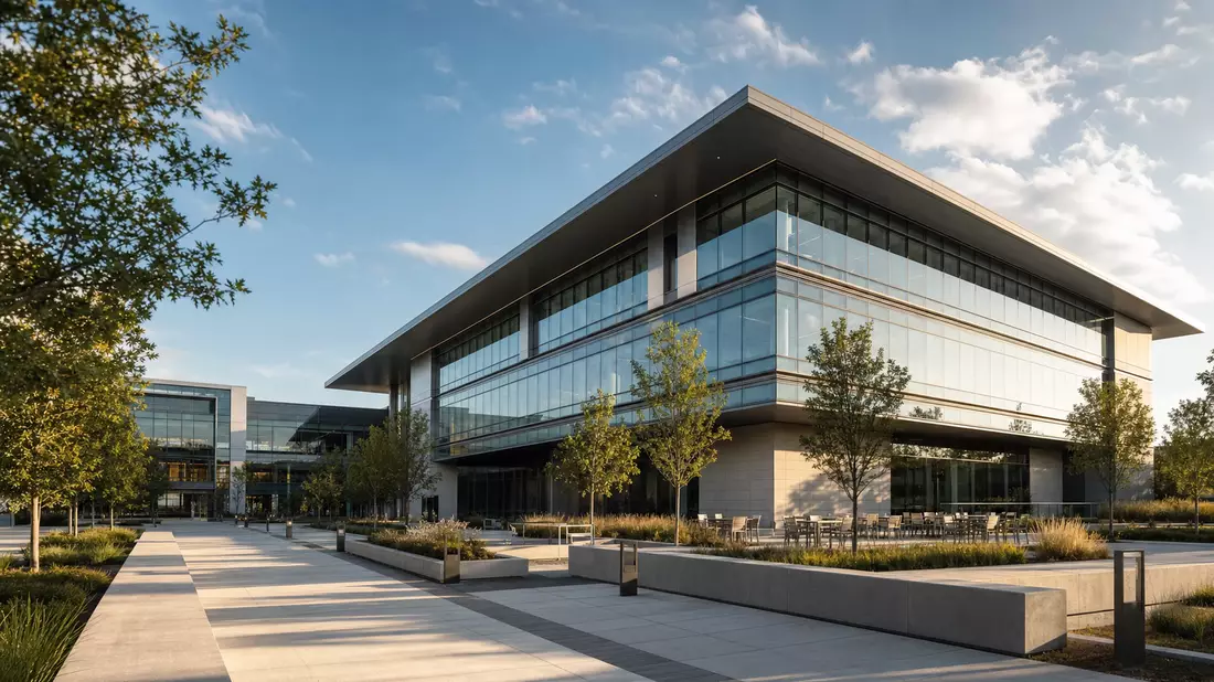 3D-Render moderner Silicon-Valley-Tech-Campus Glas-Stahl-Fassade