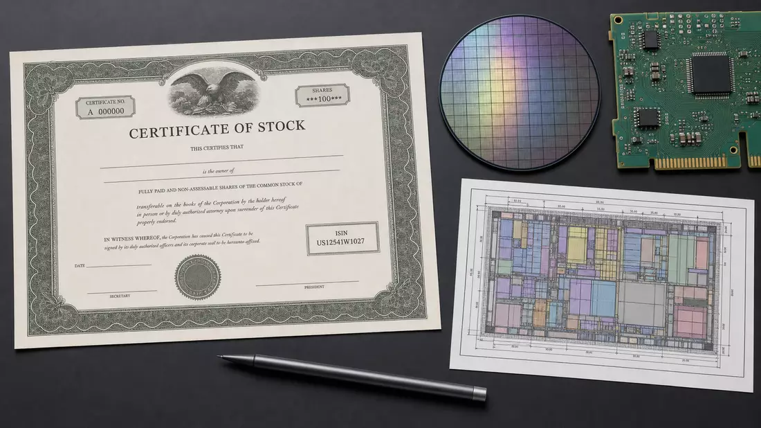 Flatlay: Aktienzertifikat ISIN US12541W1027, Siliziumwafer, Leiterplatte