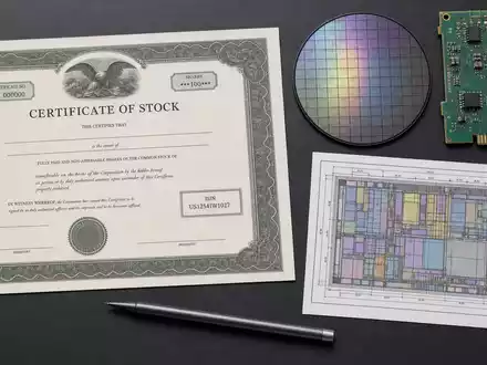 Cadence Design Systems US12541W1027 Flatlay mit Aktien-Zertifikat Siliziumwafer Leiterplatte und Chip-Layout Zeichnung auf Tisch - Foto: THN