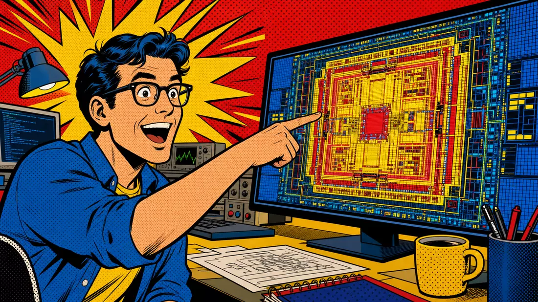 Pop-Art-Comic Silicon-Valley-Ingenieur zeigt auf bunten Chip-Floor-Plan